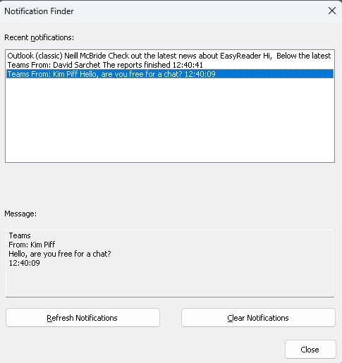 Snímek obrazovky funkce Vyhledávač oznámení – snadno použitelného rozhraní, které obsahuje seznam zmeškaných oznámení