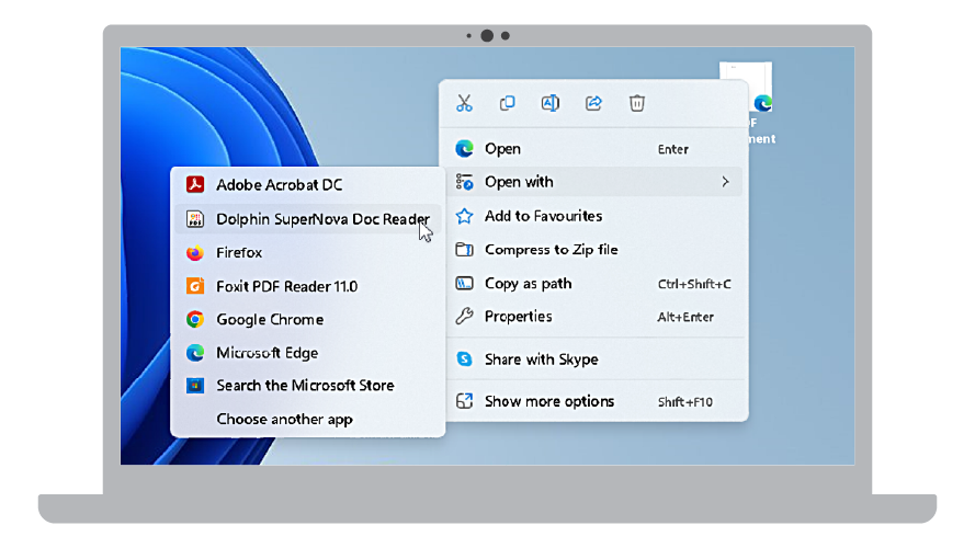 Obrázek notebooku zobrazující možnost otevření souboru PDF v Předčítacím okně SuperNovy